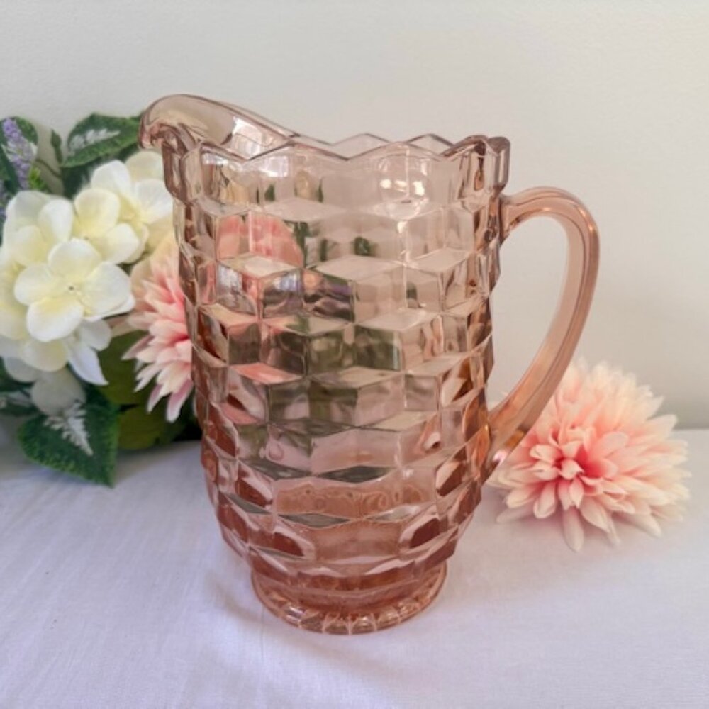 Indiana Glass Pink Cubist Pitcher Vintage Depression Glass 60 Ounce MCM‎ Barware